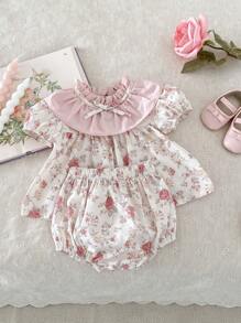 Stylish Baby Girls' Ditsy Floral Two-Piece Set, Short-Sleeved Shirt With Lapel And Bread Pants - Hồng - Xem 1