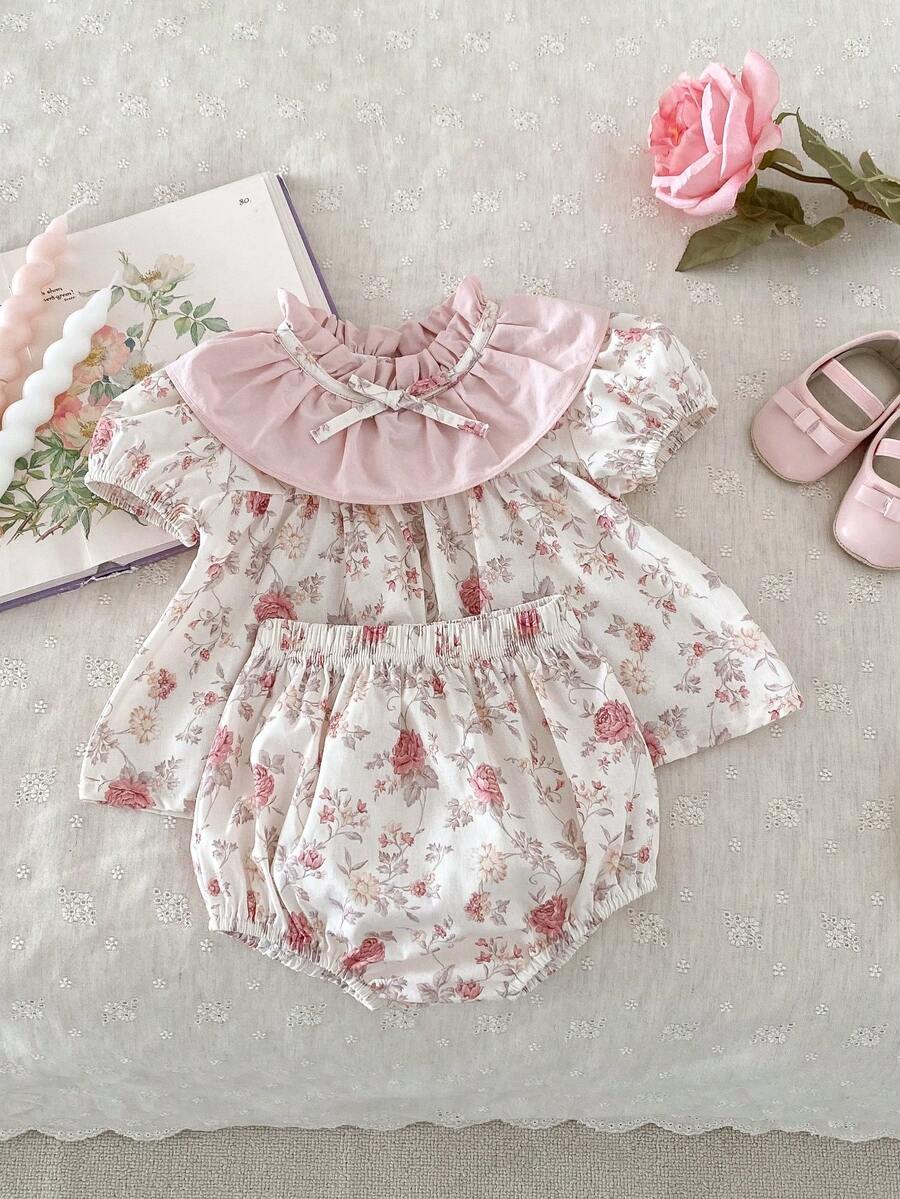 Stylish Baby Girls' Ditsy Floral Two-Piece Set, Short-Sleeved Shirt With Lapel And Bread Pants - Hồng - Xem 1