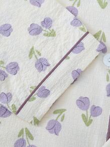 【优雅田园】紫色印花女士秋冬睡衣套装，撞色滚边，纽扣前开襟长袖上衣和长裤，适合居家穿着，秋季服装 - 杏色 - 查看 5