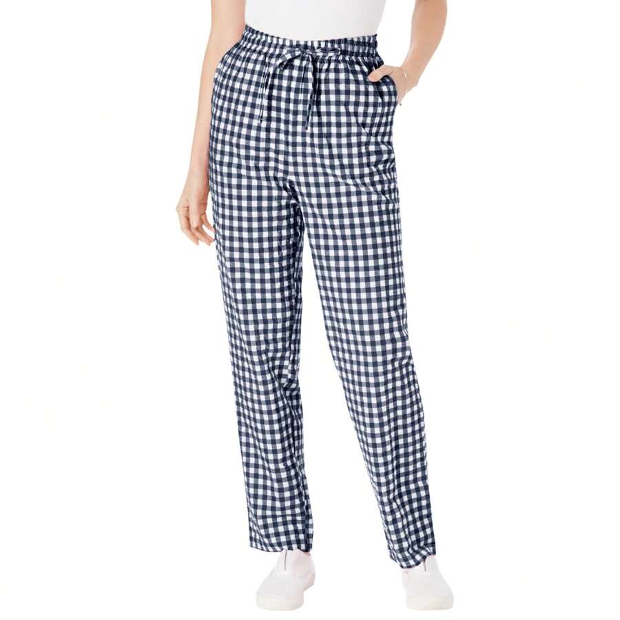 Woman Within Plus Size Seersucker Pull-On Elastic-Waist Pants - 海軍藍格紋 - 查看 1