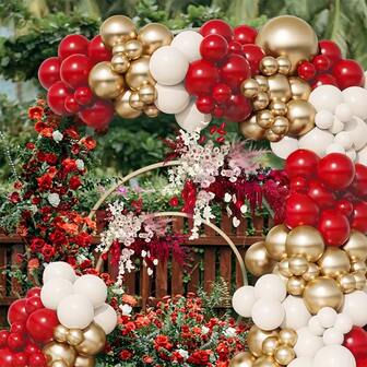 WellParti Christmas Decoration 132 Pcs 5,10,18 Inch Latex Balloon Arch Kit (With 2 Free Balloon Accessories)Red,Gold,White Party Decoration Balloons,Used To Decorate Weddings, Anniversaries,Holiday Parties,Valentine's Day,Graduation Ceremonies,Thanksgiving, And Other Holiday Activities