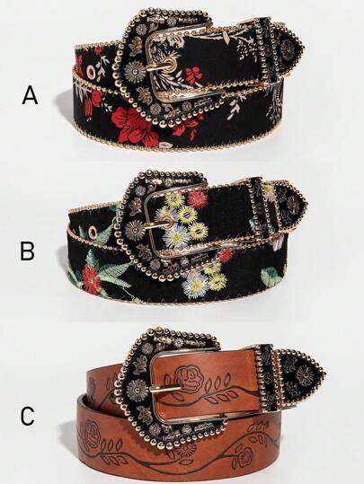1 قطعة حزام معدني منقوش بطراز غربي قديم للنساء باللون الأسود مزين بالزهور، مع تطريز وزهور مضغوطة بألوان عشوائية، مناسب للملابس اليومية مع الجينز والملابس الكاجوال في الصيف والخريف وعيد الهالوين