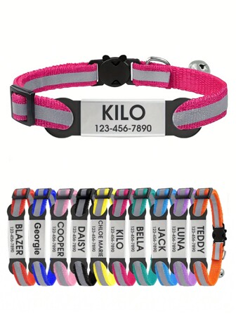 Customized Reflective Pet Collar With Adjustable Choke-Free Buckle, Bell & Silicone Name Tag Included, Suitable For Everyday Use Of Small And Medium Size Male Or Female Cats, Cute And Fashionable