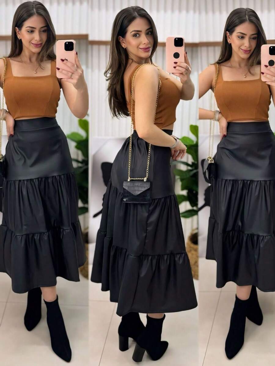 Saia Midi Em Camadas Couro Courino Coleção de Inverno - Preto - Visão 1