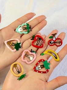 10pcs Girls Fruit Theme Hair Clips (Randomly Sent Apple/Cherry/Strawberry Design), Summer Cute Gradient Resin Barrette - Multicolor - View 2