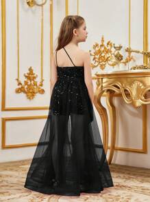 Tween Girl One Shoulder Sequined Mesh Party Jumpsuit - Black - View 3