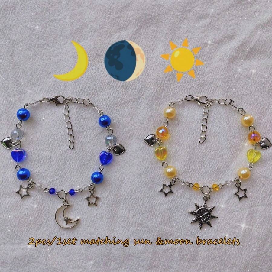 Set de 2 piezas de pulsera temática de sol y luna para la amistad, pulsera de pareja, Set de pulseras con cuentas (Sol y Luna) - Multicolor - Ver 1