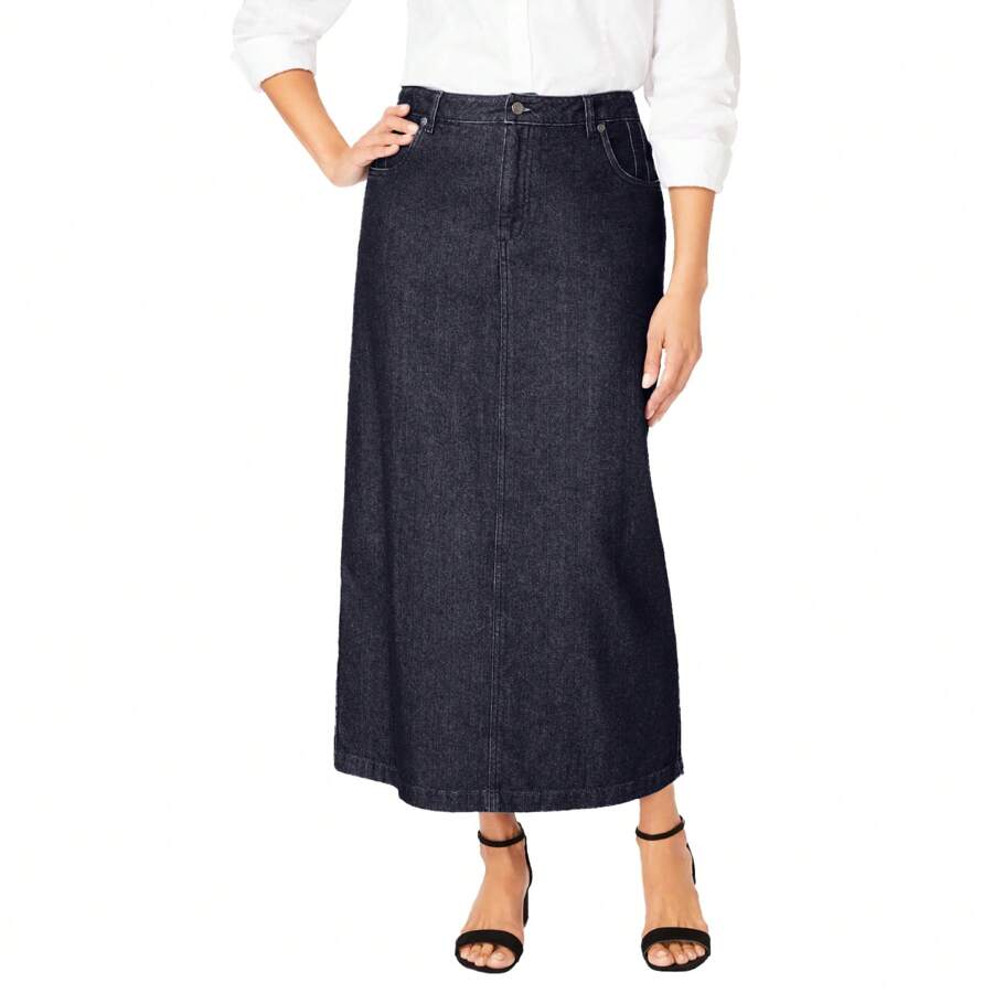 Jessica London Women's Plus Size Classic Cotton Denim Midi Skirt - XANH ĐẬM - Xem 1