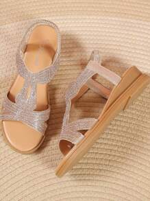 Giày Xăng Đan Nữ Thời Trang Và Thoải Mái Chống Trơn Trượt Đế Mềm Nêm Gót Đính Kim Cương Giả Cổ Giày La Mã - Vàng - Xem 3