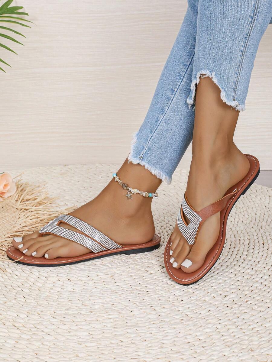 Women Fashionable Rhinestone Open-Toe Slippers, Lightweight Summer Beach Shoes - Brown - View 1