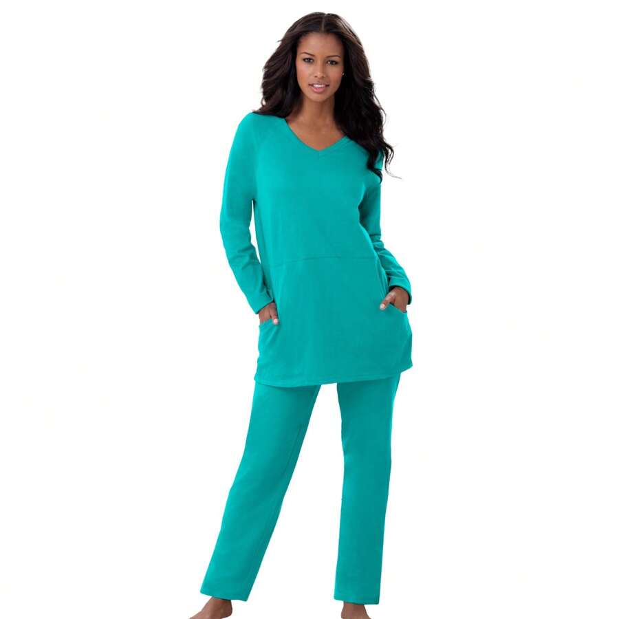 Dreams & Co. Plus Size Petite 2-Piece Lounge Set - AQUAMARINE - View 1