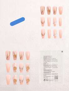 24 peças/unidades de belas unhas postiças artesanais para mulheres, formato trapezoidal de comprimento médio com decoração de flores de cerejeira 3D em cristal de gelo, kit de manicure com cobertura total, adequado para festas, festas de dança e uso diário, unhas postiças press on e suprimentos para unhas. - Multicolorido - Visão 3