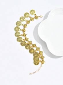 1pc Retro Tassel Coin Anklet With Random Coin Quantity For Women, Fashionable Beach Metal Foot Jewelry - Yellow Gold - View 4