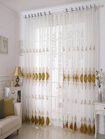2pcs European Style Luxury Golden Woven Velvet Embroidered Translucent Curtains