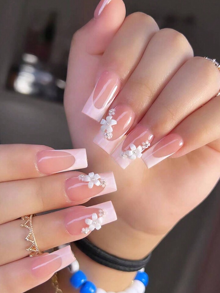 24Pcs/Set Press On Nails Long Square White French Acrylic Nails 