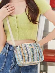 时尚多色编织斜挎相机包，配闪光装饰，单肩编织包 - 藍色 - 查看 2