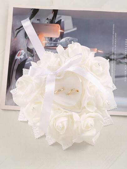 1 pieza Caja para anillo de boda con forma de rosa adornada con lazo, hoja y detalle de perla sintética, para Navidad
