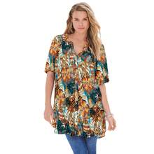 Roaman's Women's Plus Size Angelina Tunic Top – Short Sleeve, Flowy Fit, Everyday Comfort - 橘色畫花 - 查看 1