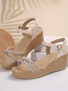 Women Wedge Sandals, New Korean Style Rhinestone Plus Size Chunky High Heels Platform Slippers For Summer - Khaki - View 5