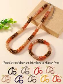 1pc Necklace And 1pc Elastic Bracelet Set, Handcrafted With Faceted Rice Beads, Bohemian Fairy Style For Travel, Beach Or Festival With Imitation Crystal & Gemstones. 10 Color Variations Available For Women, Perfect For Daily Wear, Business Or Festive Occasions. - Bracelet Necklace Set - View 5