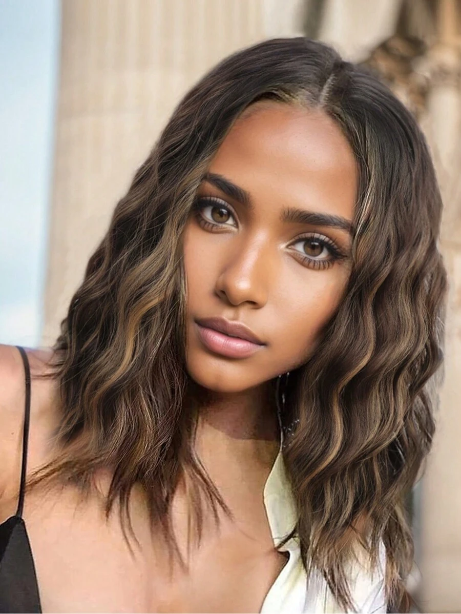 14 Inch Synthetic Curly Wavy Short Wig Natural Looking Synthetic Heat Resistant Fiber Wig  Synthetic Middle Part Short Bob Wavy Curly Wig Shoulder Length For Daily Party Use