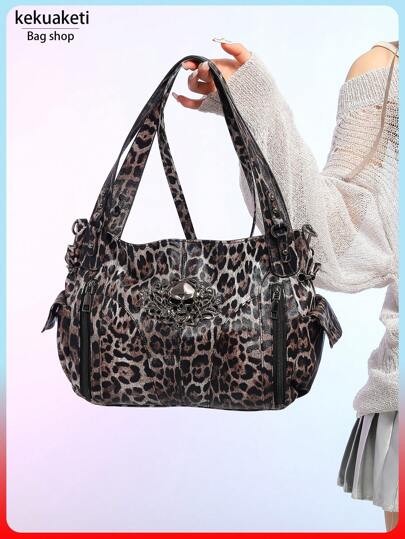 Xiuya Y2k Large Capacity Shoulder Bag, Black PU Leather Cross Tote, American Punk Goth, Fashion, Simple Designer Tote