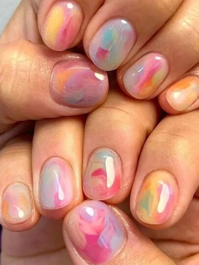 24pcs Short Square Fake Nails Simple Colorful Ink Press On Nails Wearable False Nail For Women New Year Gift Nail Supplies