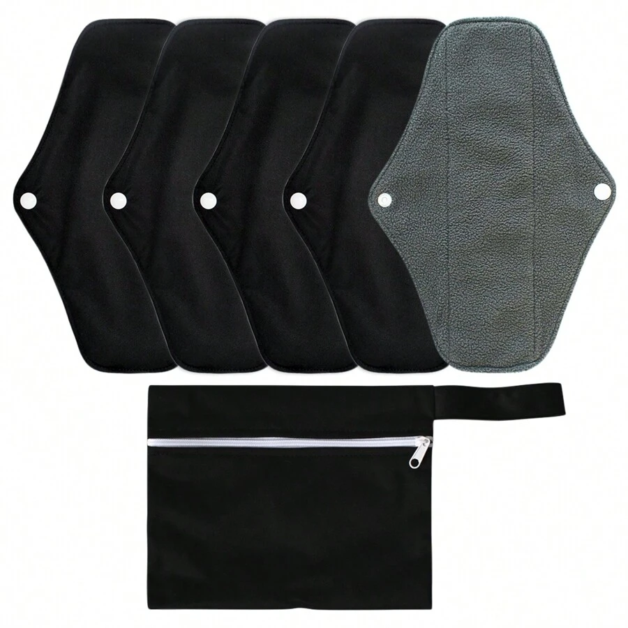 5pcs Set 1pc Random Colours Mini Wet Bag +5pcs Cloth Mama Cloth/Menstrual Pads/Reusable Sanitary Pads/Panty Liners(Black)