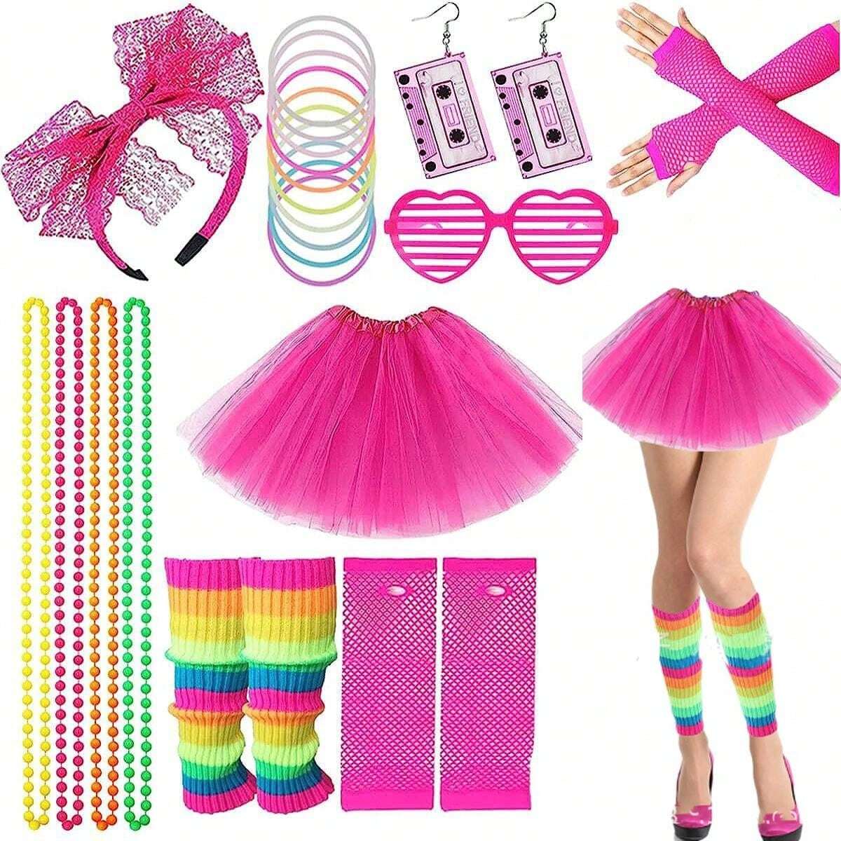 Set Jambières & Gants En Résille Néon Années 80 Rose - Tenue Fête, Halloween, Soirée à Thème