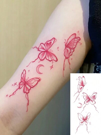 1入組可清洗的臨時紋身貼紙，PVC材質，粉色調以蝴蝶、新月和花卉圖案為主，可愛迷人，防水防汗適用於時尚人士日常使用。