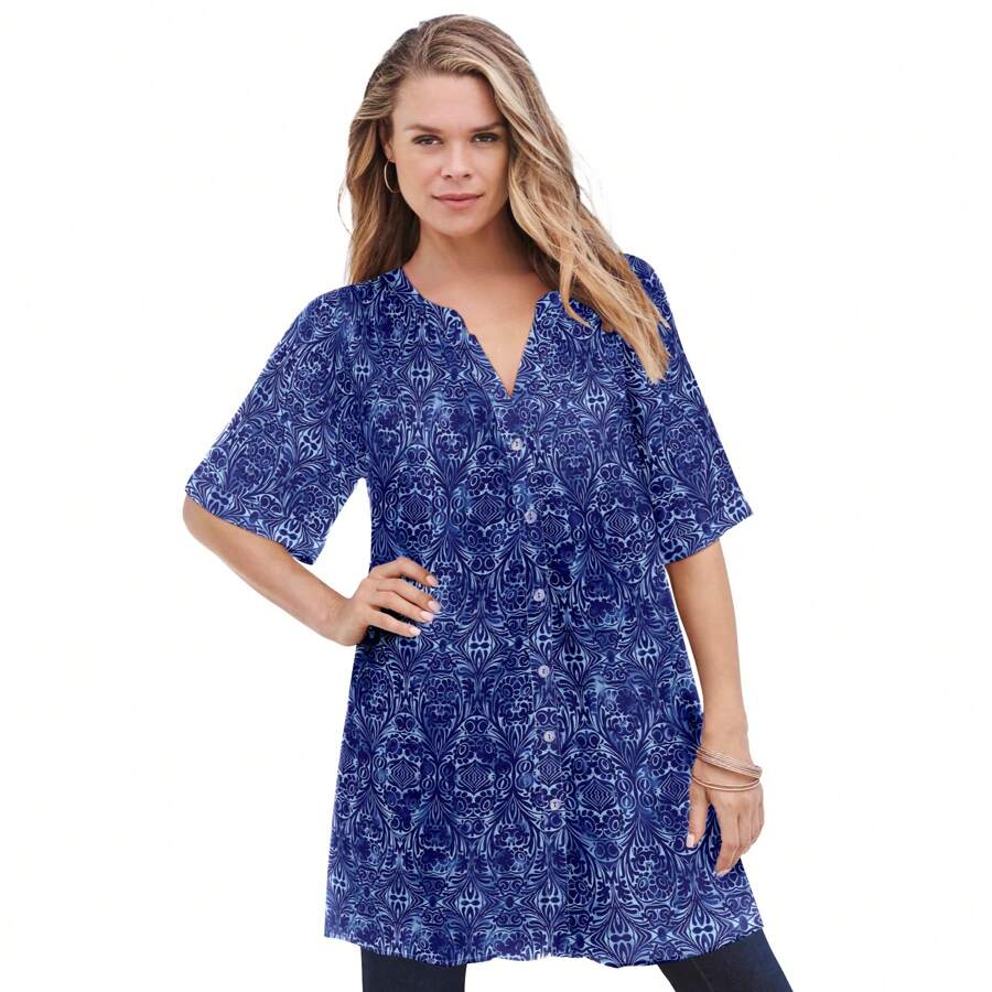 Roaman's Women's Plus Size Angelina Tunic Top – Short Sleeve, Flowy Fit, Everyday Comfort - 塵土飛揚的靛藍捲軸 - 查看 1