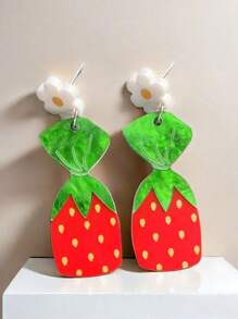 1pair Fashionable European & American Acrylic Flower & Red Strawberry Earrings For Women Valentines