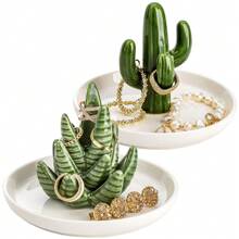 1PC Aloe And Cactus Ring Holder Dish, Ceramic Plant Jewelry Dish Bracelet Earrings Necklace Organizer Tray, Decorative Succulent Trinket Dish For Wedding, Birthday Gifts, Home Decor Back To School