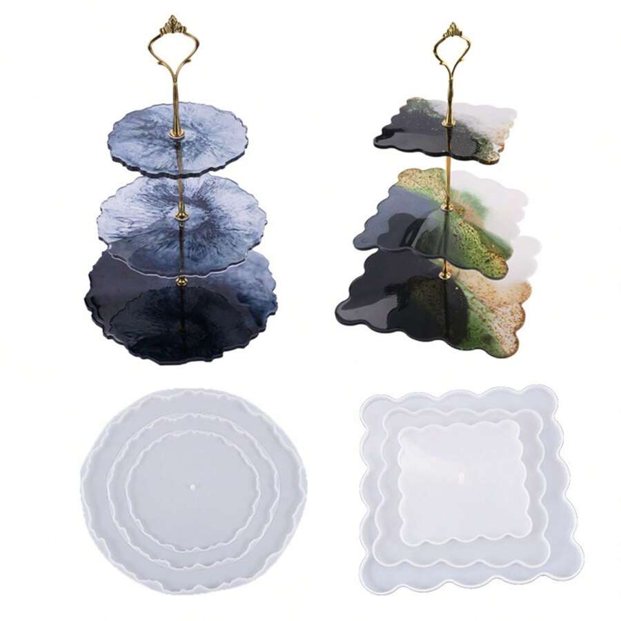 3 Tier Asymmetrical Wavy Square Round Serving Tray Platter Display Stand Coaster Tableware Cake Stand Silicone Mold