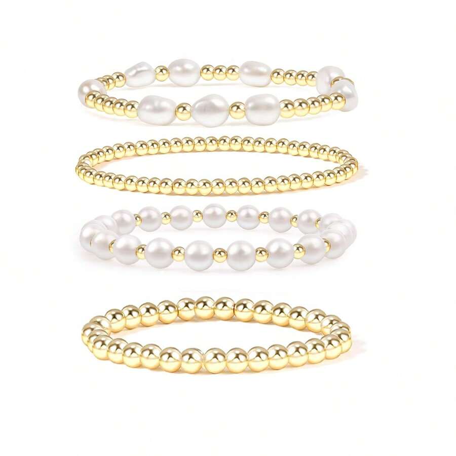 4 件女士金色串珠手链，镀金精致金色仿珍珠手链可堆叠弹力珠球手链套装波西米亚珍珠金手链堆叠珠宝礼物适合女性青少年女孩 - 4PCS - 查看 1