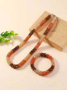 1pc Necklace And 1pc Elastic Bracelet Set, Handcrafted With Faceted Rice Beads, Bohemian Fairy Style For Travel, Beach Or Festival With Imitation Crystal & Gemstones. 10 Color Variations Available For Women, Perfect For Daily Wear, Business Or Festive Occasions. - Bracelet Necklace Set - View 19