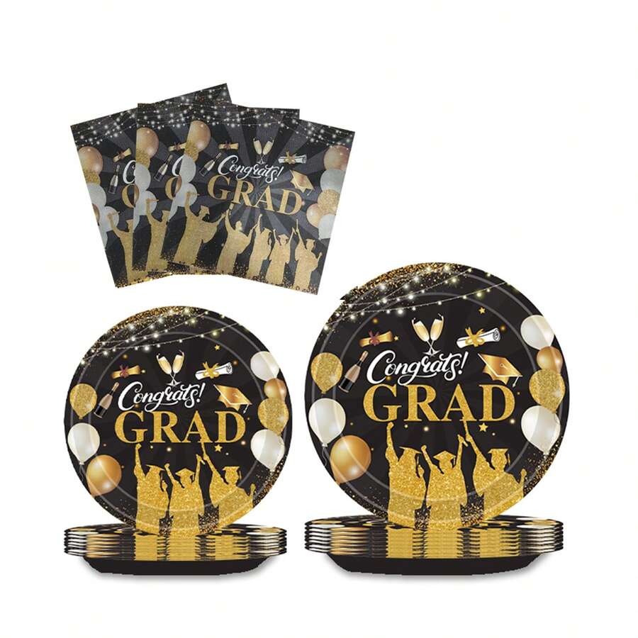 72入組gatherfun 2024畢業派對用品,黑色紙盤餐巾畢業派對用祝賀用品 - 黑色 - 查看 1