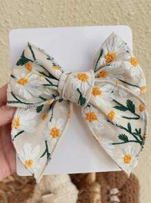 1pc Linen Hair Accessory For Children, Bowknot Design With Daisy Embroidery And Tassel Decoration - Beige - View 1