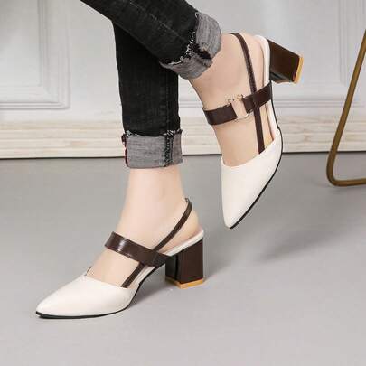 Women's Pointed Toe Contrast Color Buckle Strap Chunky Heel Sandals, New Summer Design