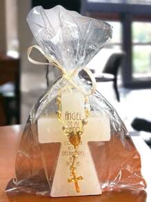 Vela mini en forma de cruz con oracion y decenario - Beis - Ver 3