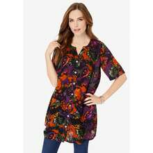 Roaman's Women's Plus Size Short-Sleeve Angelina Tunic - ألوان مائية سوداء بيزلي - مشاهدة 1