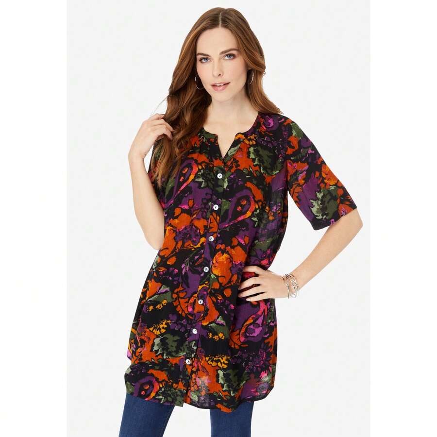 Roaman's Women's Plus Size Short-Sleeve Angelina Tunic - ألوان مائية سوداء بيزلي - مشاهدة 1