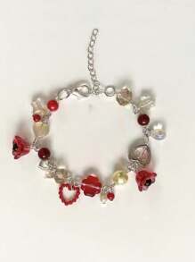 1pc Fashionable Handmade Bracelet For Women, Featuring Natural Beads And Charms Of Flower, Heart, Waterdrop, Plant And Star Shapes, Suitable For Daily Wear And Beach Party. - 紅色 - 查看 3
