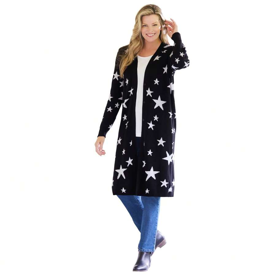 Woman Within Plus Size Perfect Cotton Duster Sweater - BLACK SCATTERED STARS - View 1