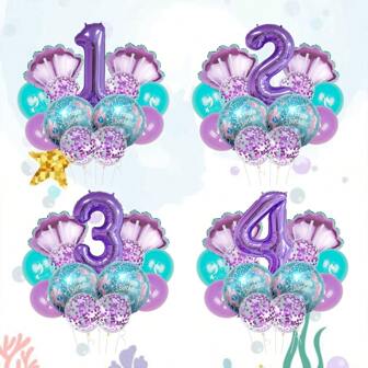13 件美人鱼主题气球套装，含紫色数字、贝壳、印花乳胶和彩色五彩纸屑气球，适合美人鱼主题、生日派对装饰