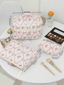 L/M/S 不同尺寸粉色蝴蝶结图案便携式化妆包带拉链清新简约风格化妆包带蝴蝶结大容量洗漱包花卉绗缝化妆品收纳适合日常使用玫瑰图案洗漱用品收纳化妆品收纳盒可装口红，商务母亲节礼物，适合妈妈化妆包化妆包 - 粉色 - 查看 4