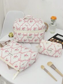 L/M/S 不同尺寸粉色蝴蝶结图案便携式化妆包带拉链清新简约风格化妆包带蝴蝶结大容量洗漱包花卉绗缝化妆品收纳适合日常使用玫瑰图案洗漱用品收纳化妆品收纳盒可装口红，商务母亲节礼物，适合妈妈化妆包化妆包 - 粉色 - 查看 8
