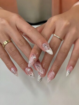 24pcs Long False Nails With European And American Silver 3D Bowknot, Pearl, Heart, Almond Shaped Patterns +1pc Jelly Glue +1pc Nail File Press On Nails Nail Supplies
