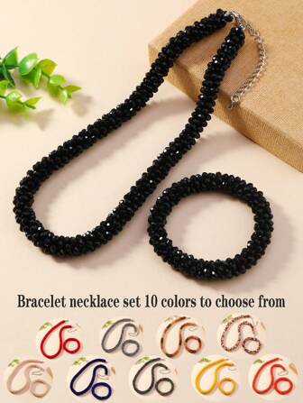 1入項鍊和1入彈性手鐲套裝，採用切面米形珠手工製作，波西米亞童話風格，適用於旅行、海灘或節日，採用模擬水晶和寶石。提供10種顏色，適用於女性，適合日常穿著、商務或節慶場合。