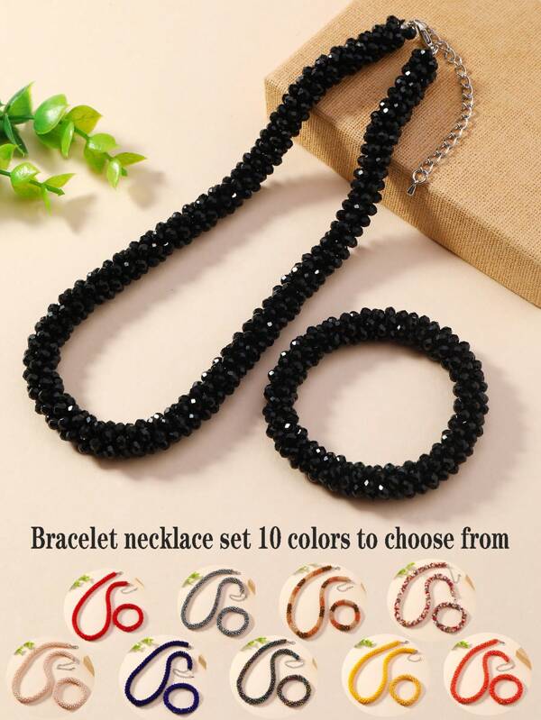 1pc Necklace And 1pc Elastic Bracelet Set, Handcrafted With Faceted Rice Beads, Bohemian Fairy Style For Travel, Beach Or Festival With Imitation Crystal & Gemstones. 10 Color Variations Available For Women, Perfect For Daily Wear, Business Or Festive Occasions.